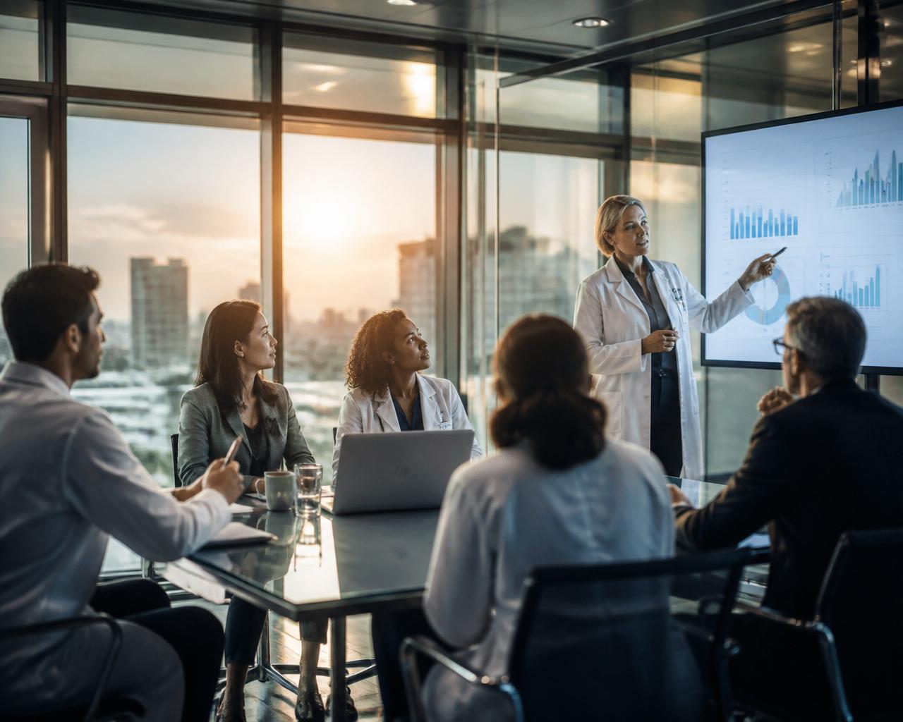 Equipe multidisciplinar de saúde revisando indicadores em sala de reunião moderna