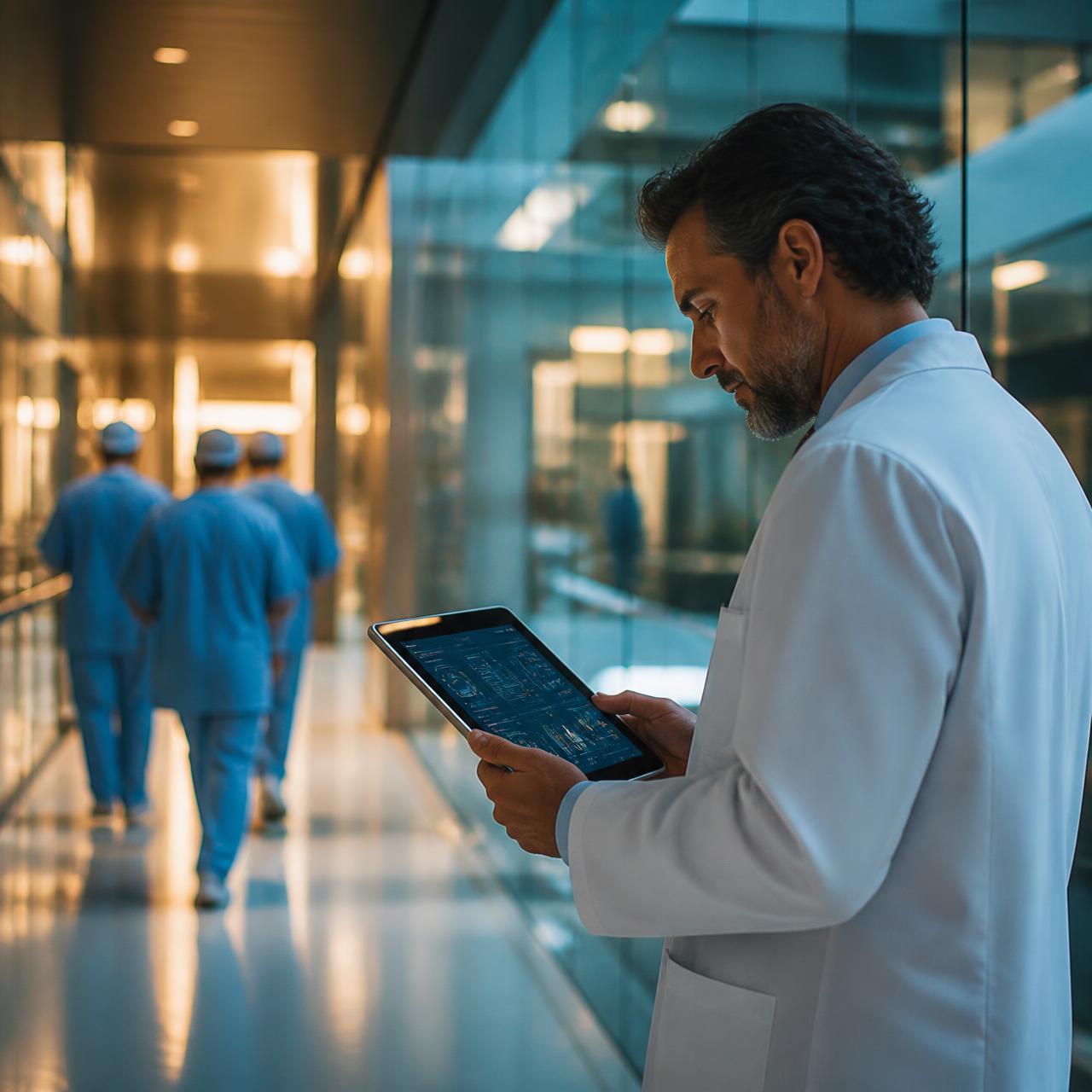 Médico revisando dashboard hospitalar em corredor de hospital moderno